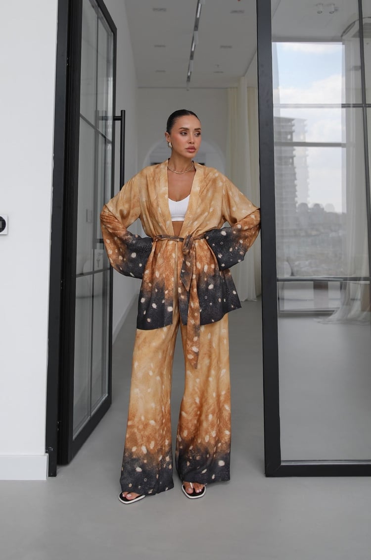 Sarı Desenli Kuşaklı Kimono Pantolon Takım