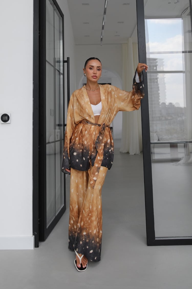 Sarı Desenli Kuşaklı Kimono Pantolon Takım
