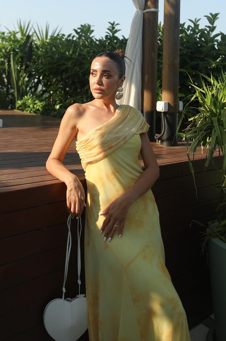 Sarı Desenli One Shoulder Şifon Elbise