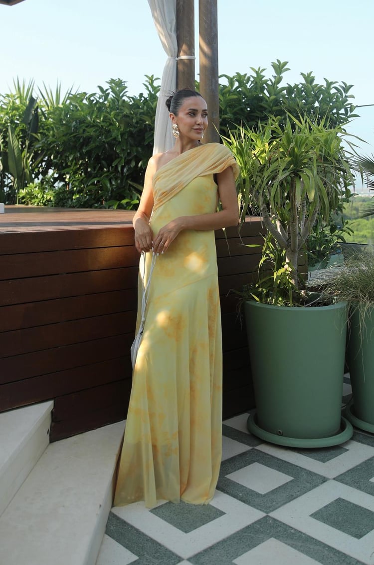 Sarı Desenli One Shoulder Şifon Elbise