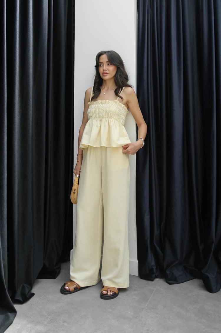 Sarı Gipeli Bluz Pantolon Keten Takım