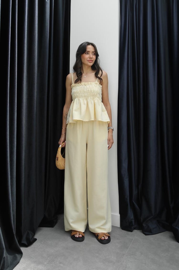 Sarı Gipeli Bluz Pantolon Keten Takım