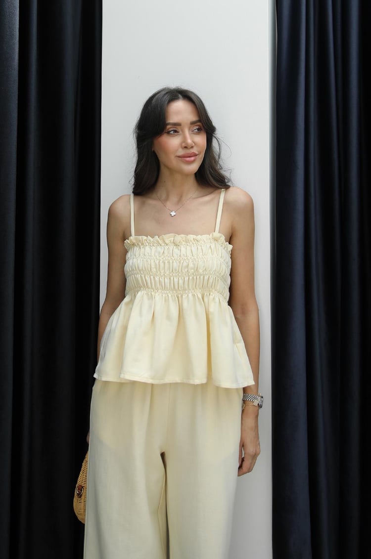 Sarı Gipeli Bluz Pantolon Keten Takım