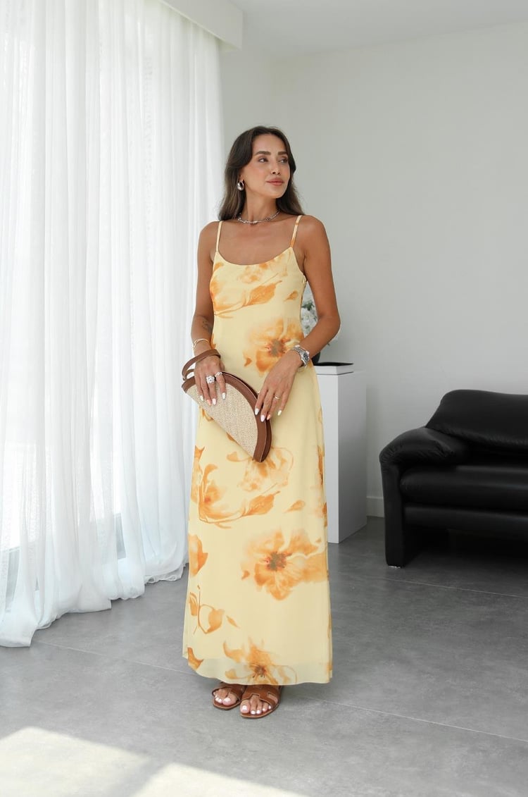 Sarı İnce Askılı Çiçekli Elbise