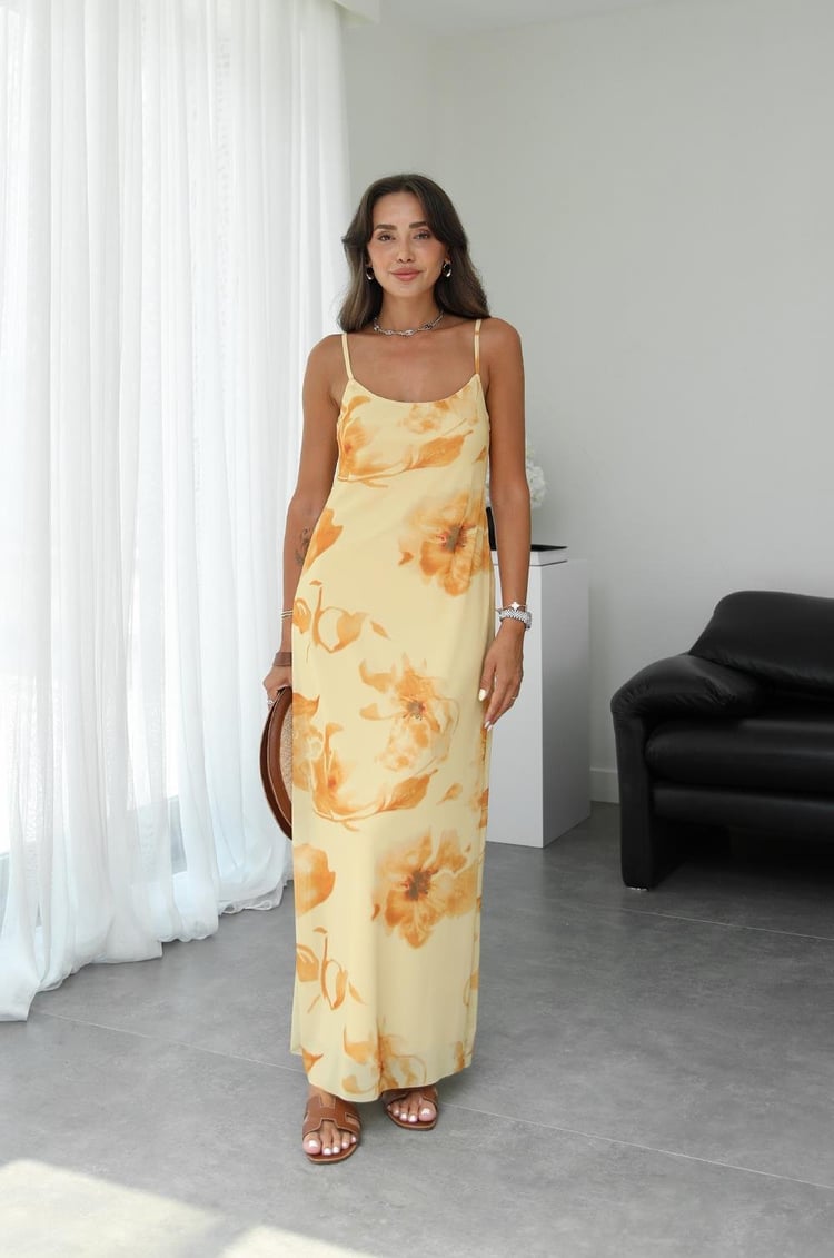 Sarı İnce Askılı Çiçekli Elbise