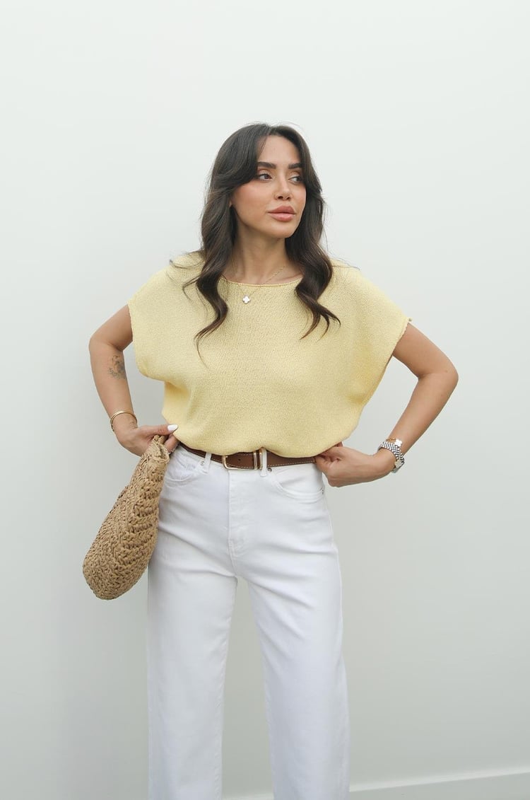 Sarı Joke Kısa Kollu Oversize Triko