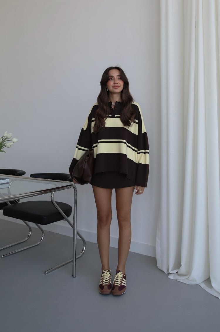 Sarı Kiva Çizgili Oversize Kazak