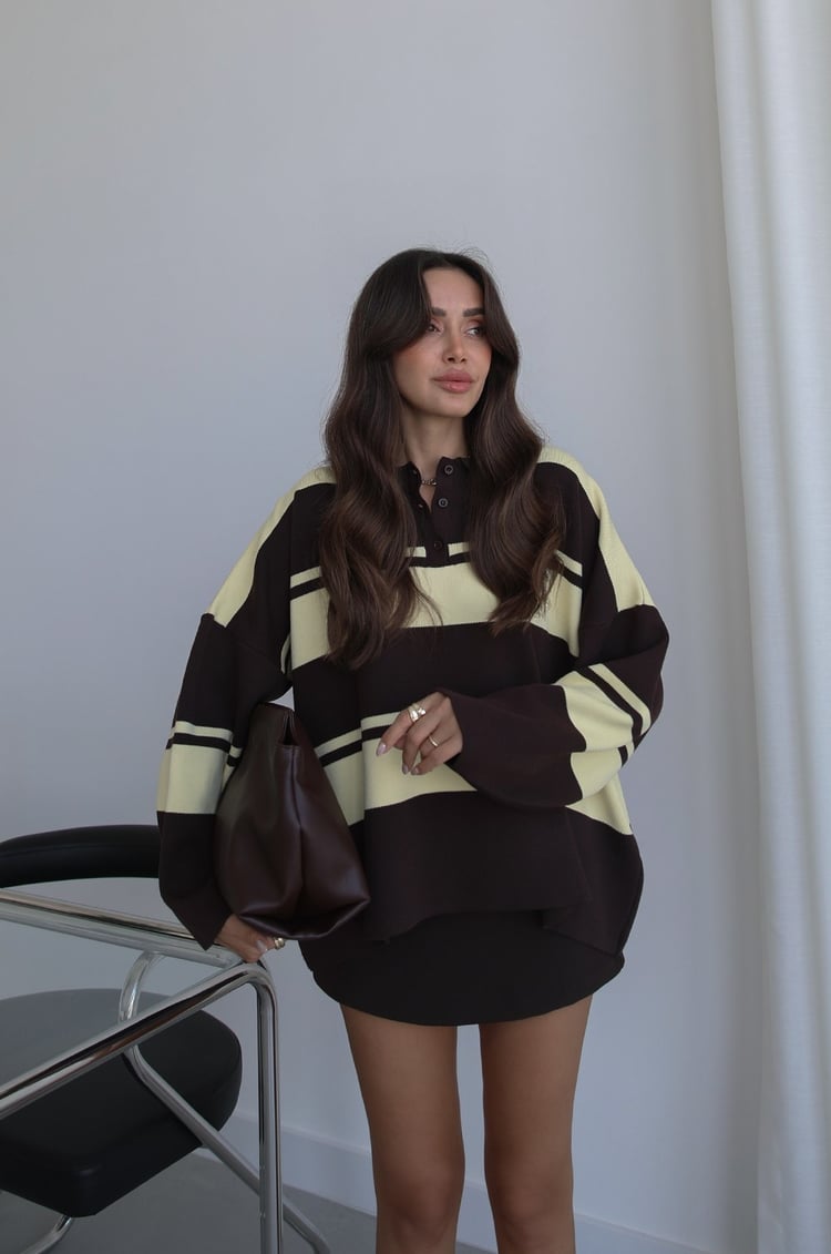 Sarı Kiva Çizgili Oversize Kazak