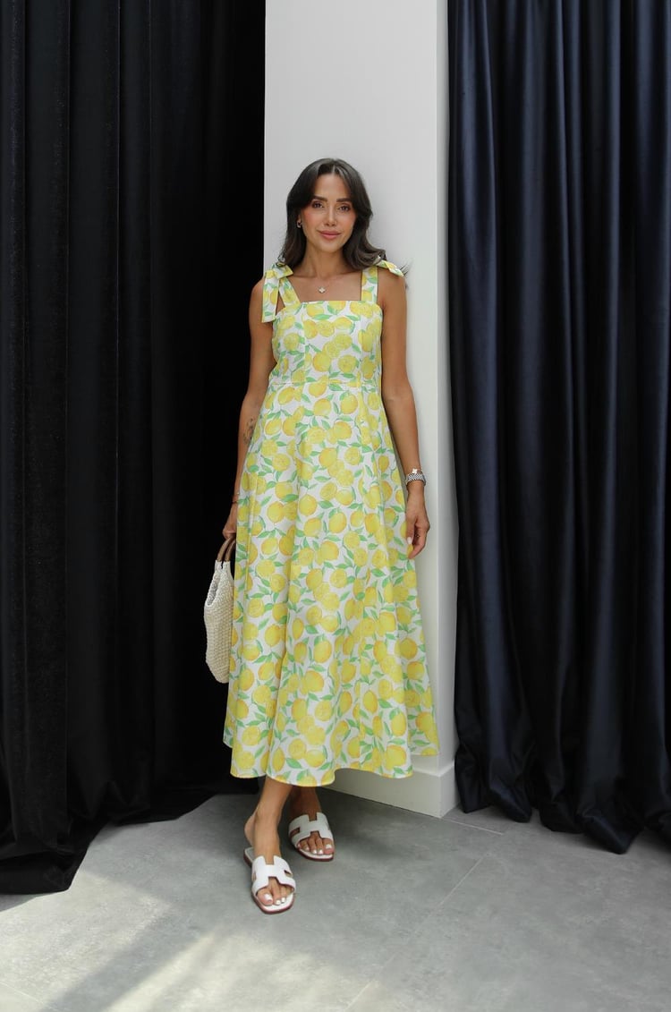 Sarı Limon Desenli Bağlamalı Elbise