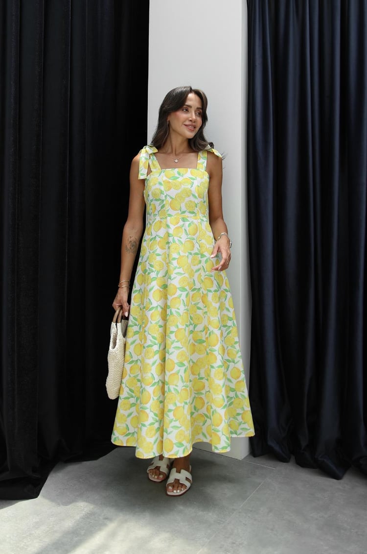 Sarı Limon Desenli Bağlamalı Elbise