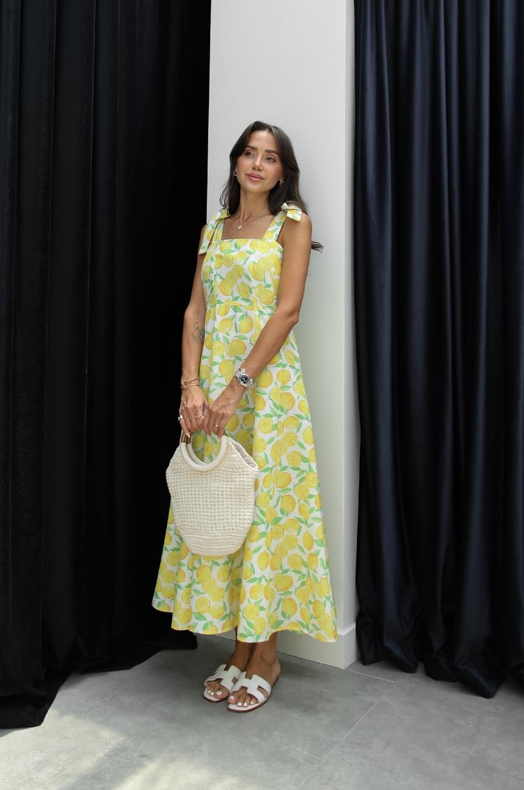 Sarı Limon Desenli Bağlamalı Elbise