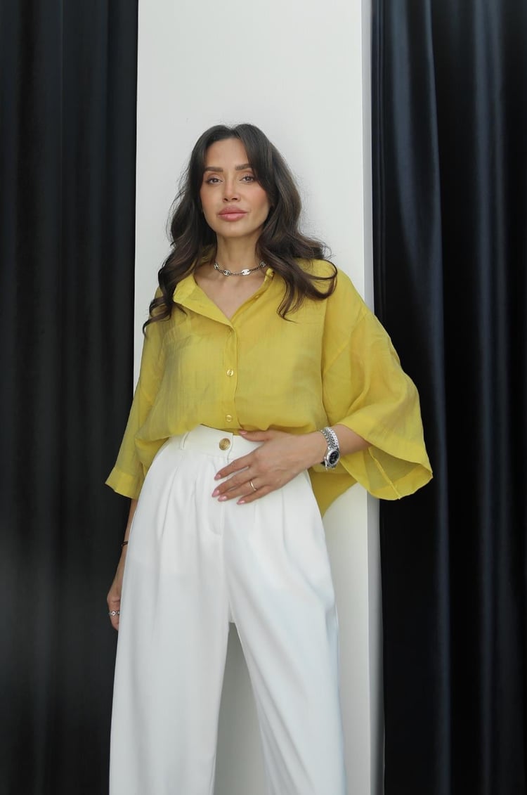 Sarı Liyosel Karışımlı Oversize Gömlek