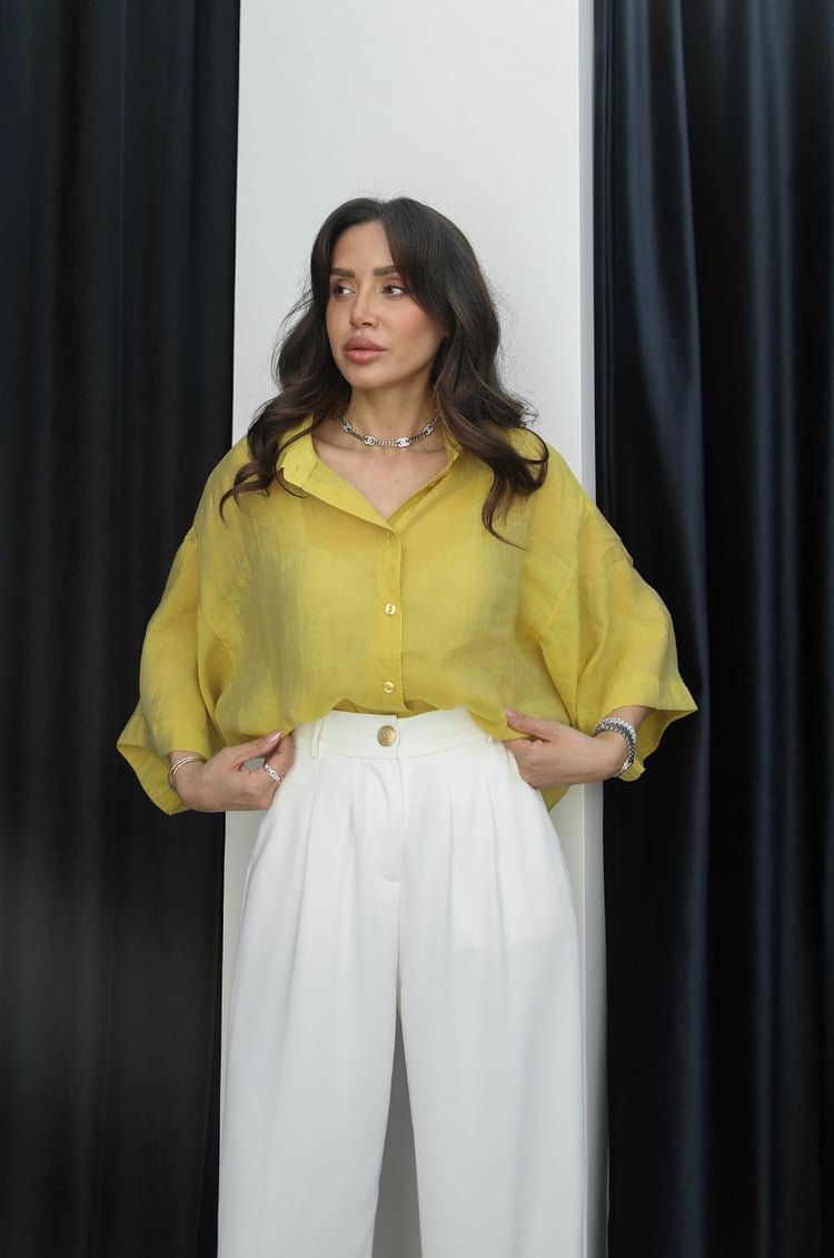 Sarı Liyosel Karışımlı Oversize Gömlek