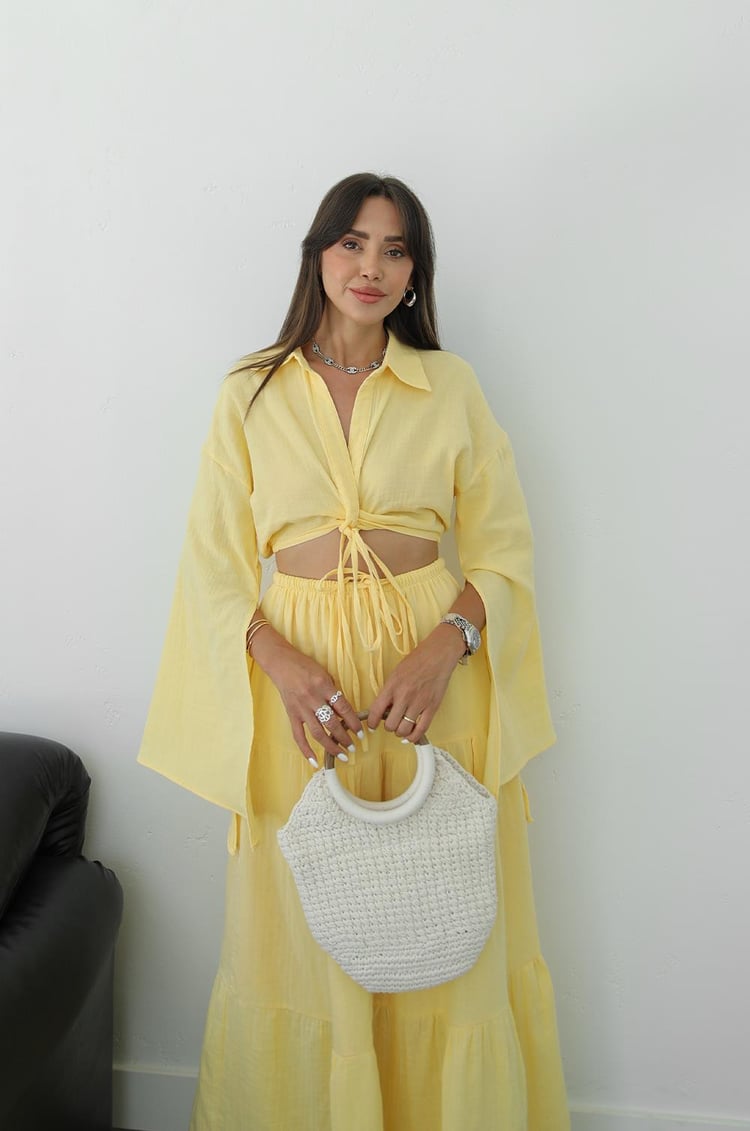 Sarı Önü Düğüm Detaylı Bluz Etek Takım