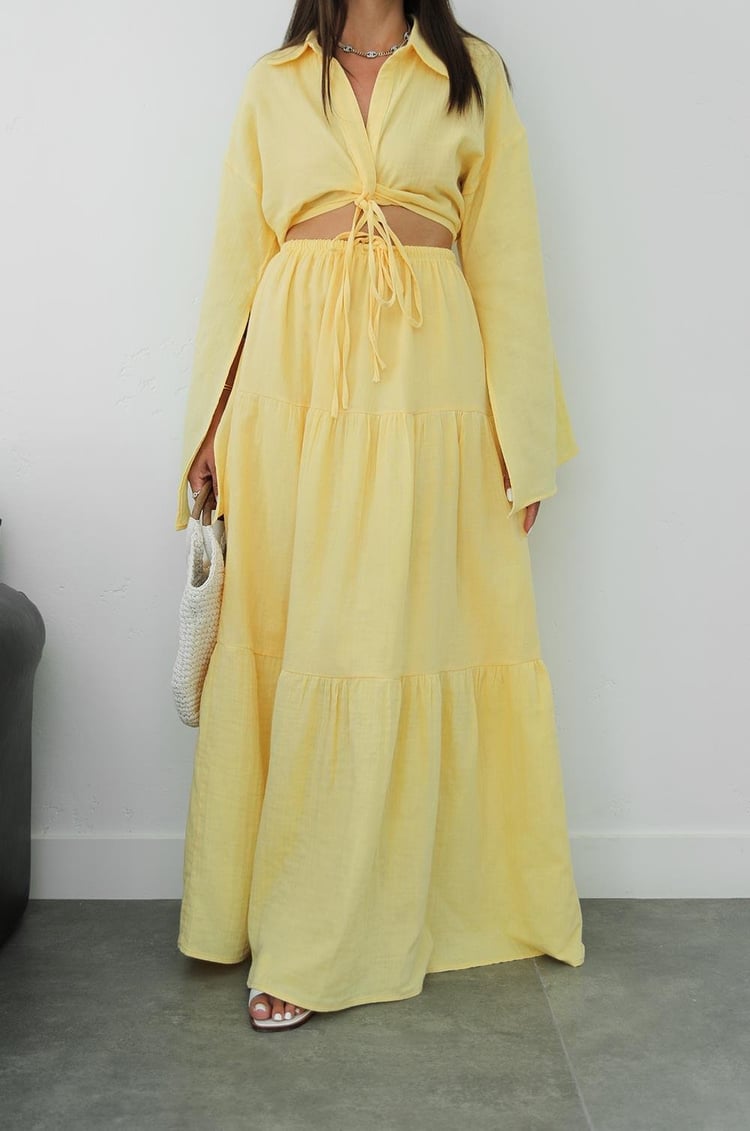 Sarı Önü Düğüm Detaylı Bluz Etek Takım