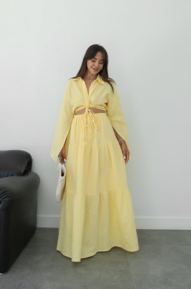 Sarı Önü Düğüm Detaylı Bluz Etek Takım