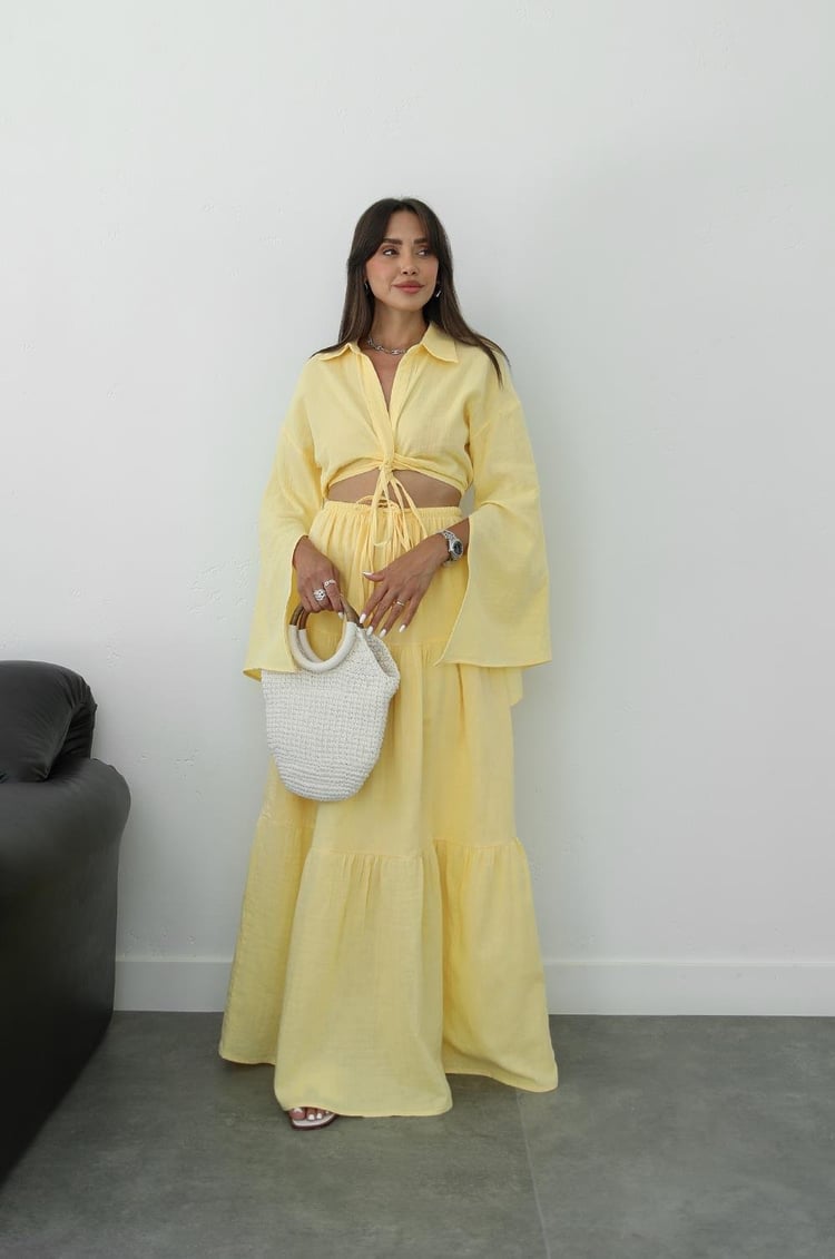 Sarı Önü Düğüm Detaylı Bluz Etek Takım