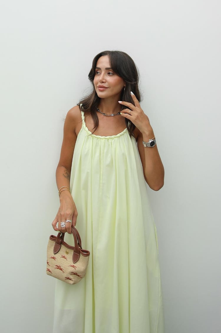 Sarı Örgü Detaylı Astarlı Vual Elbise