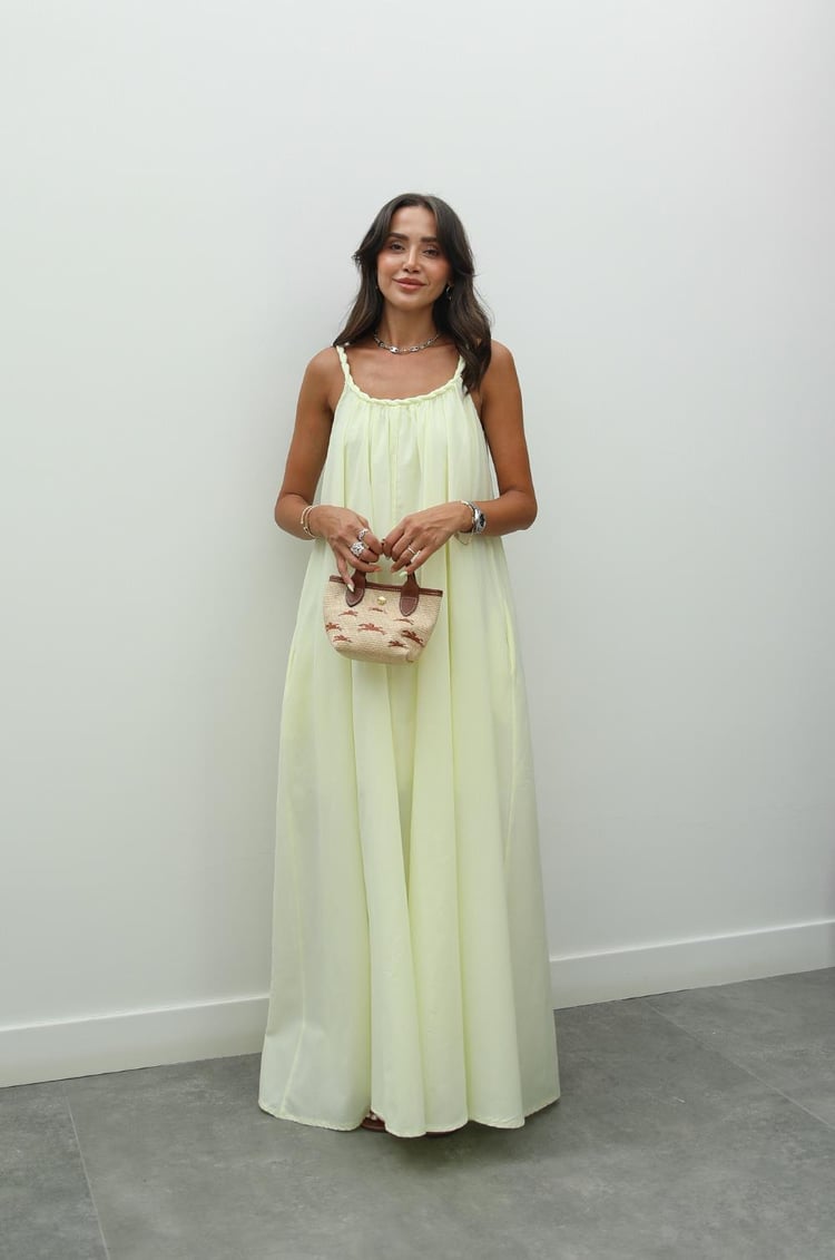 Sarı Örgü Detaylı Astarlı Vual Elbise