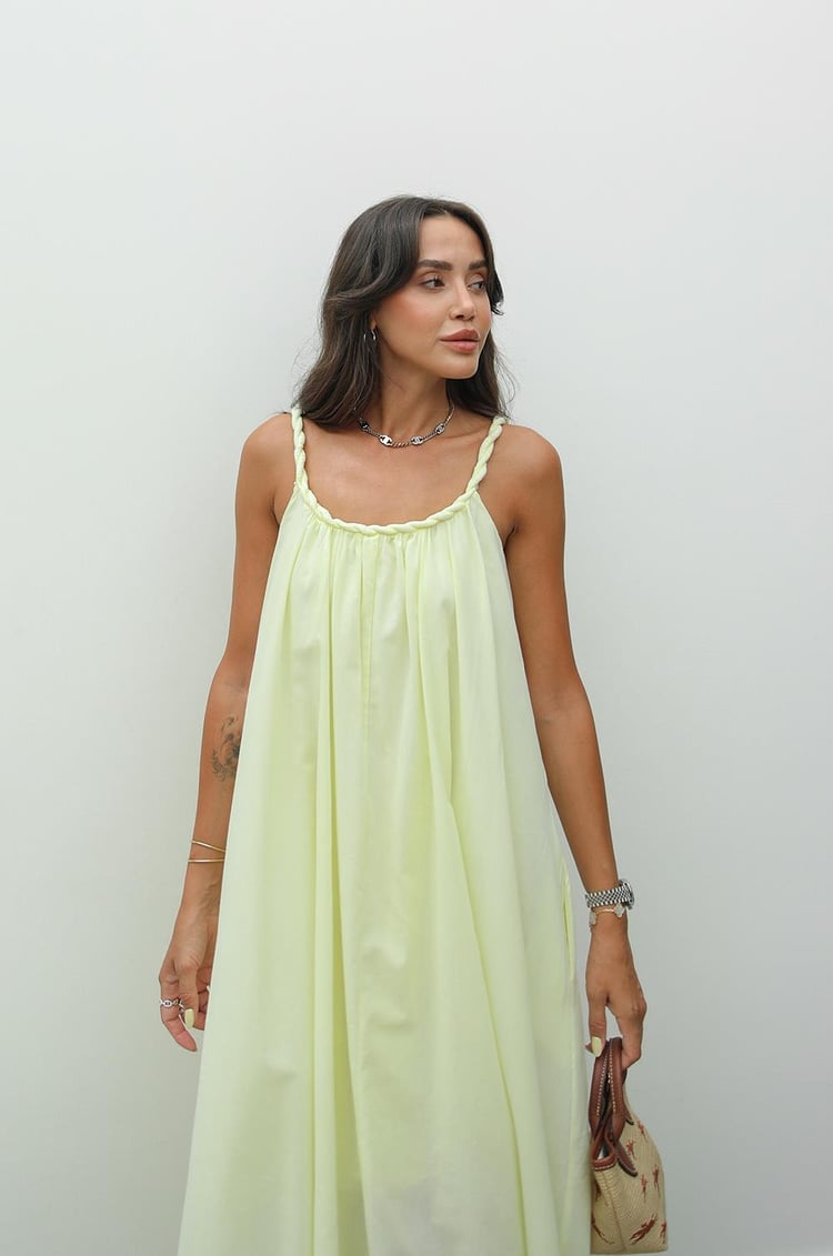 Sarı Örgü Detaylı Astarlı Vual Elbise