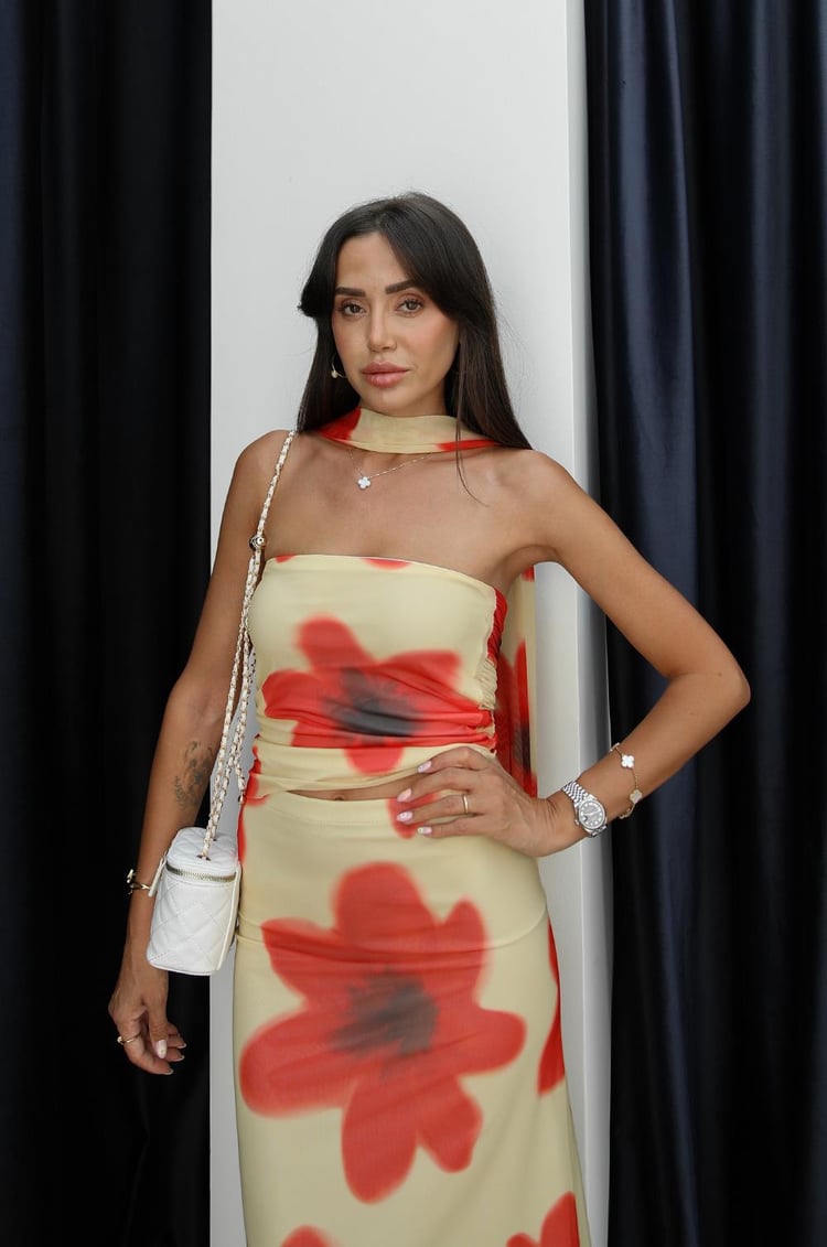 Sarı Papaver Desenli Bluz Etek Takım