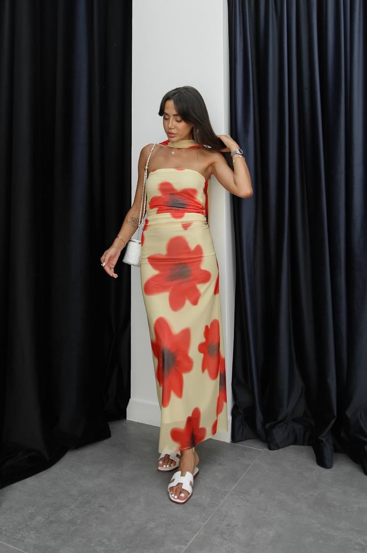 Sarı Papaver Desenli Bluz Etek Takım