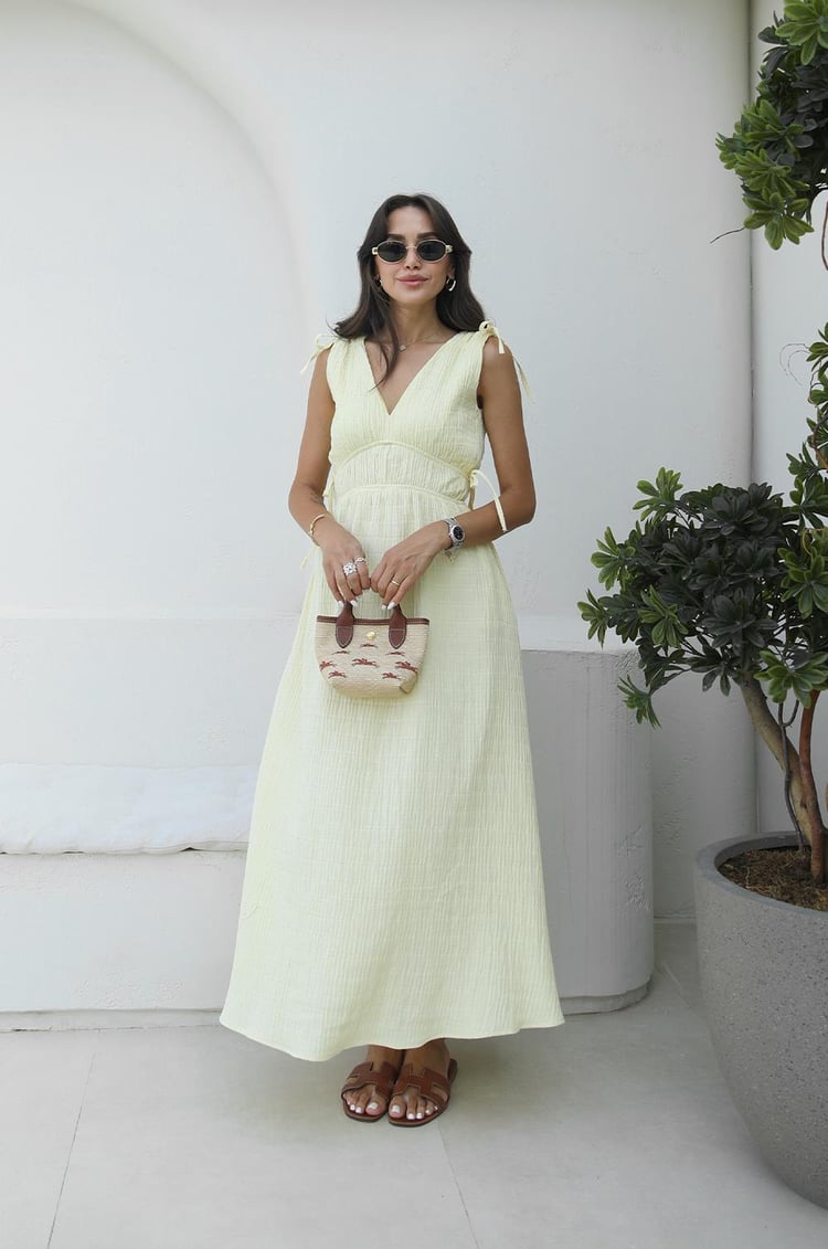 Sarı Shada Beli Lastik Detaylı Elbise