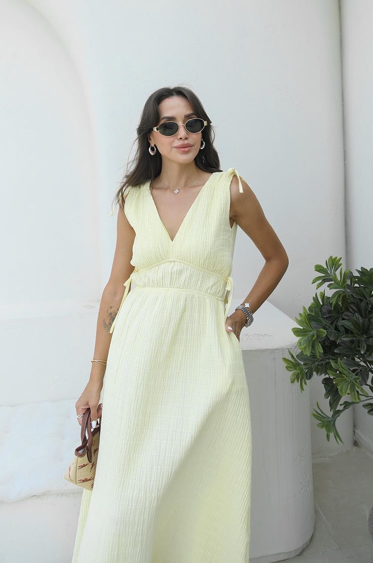 Sarı Shada Beli Lastik Detaylı Elbise