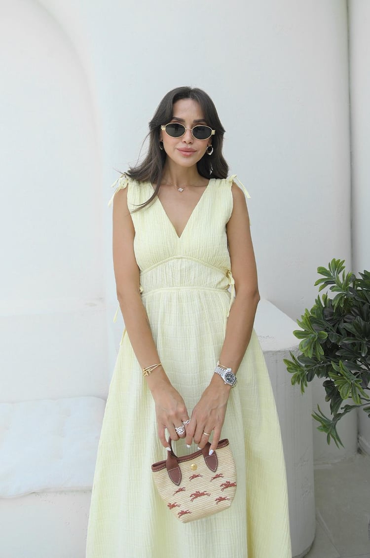 Sarı Shada Beli Lastik Detaylı Elbise