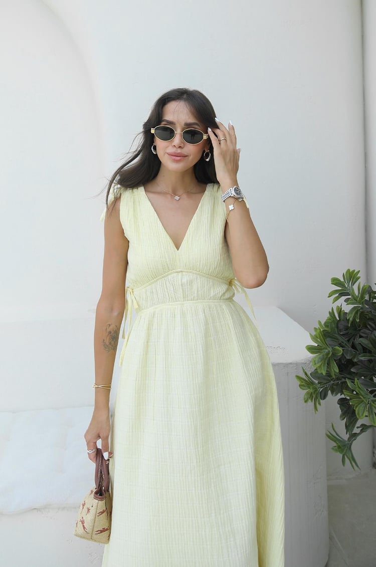 Sarı Shada Beli Lastik Detaylı Elbise