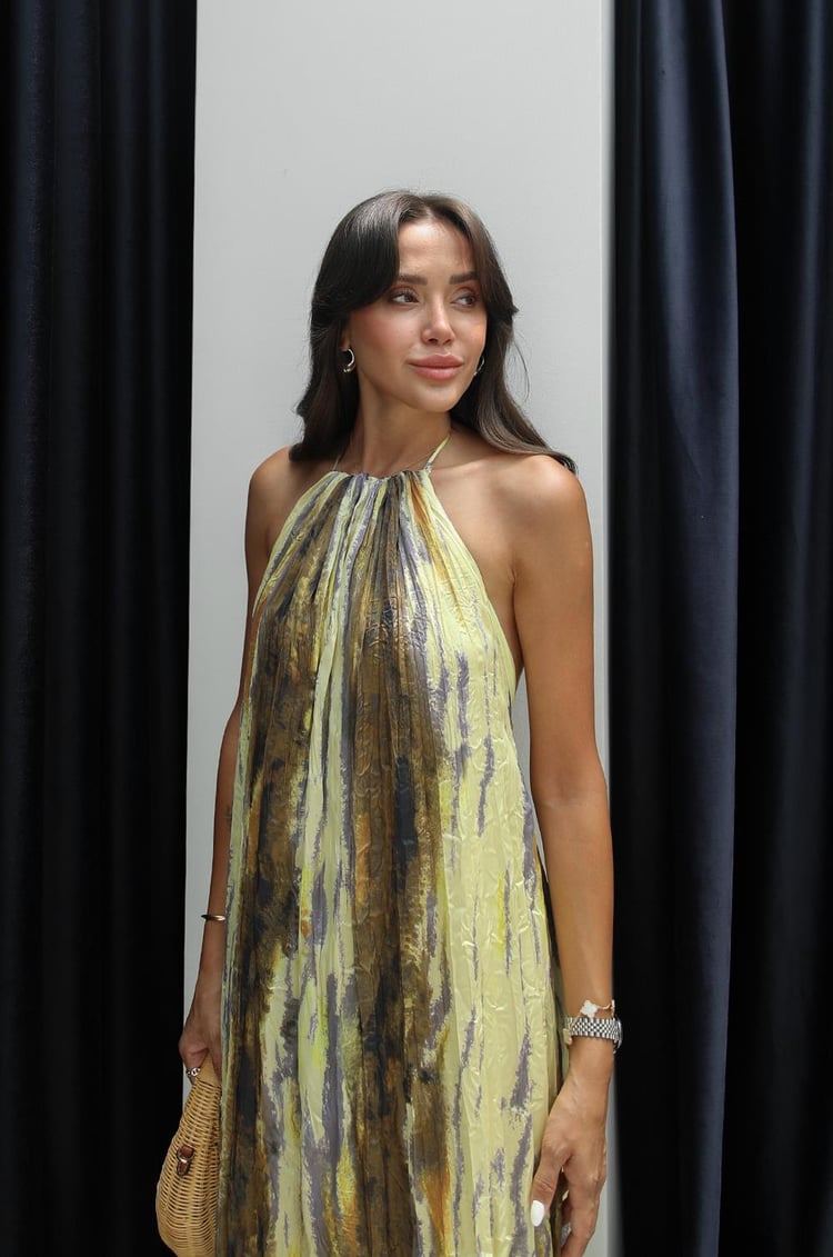 Sarı Sırt Dekolteli Desenli Elbise