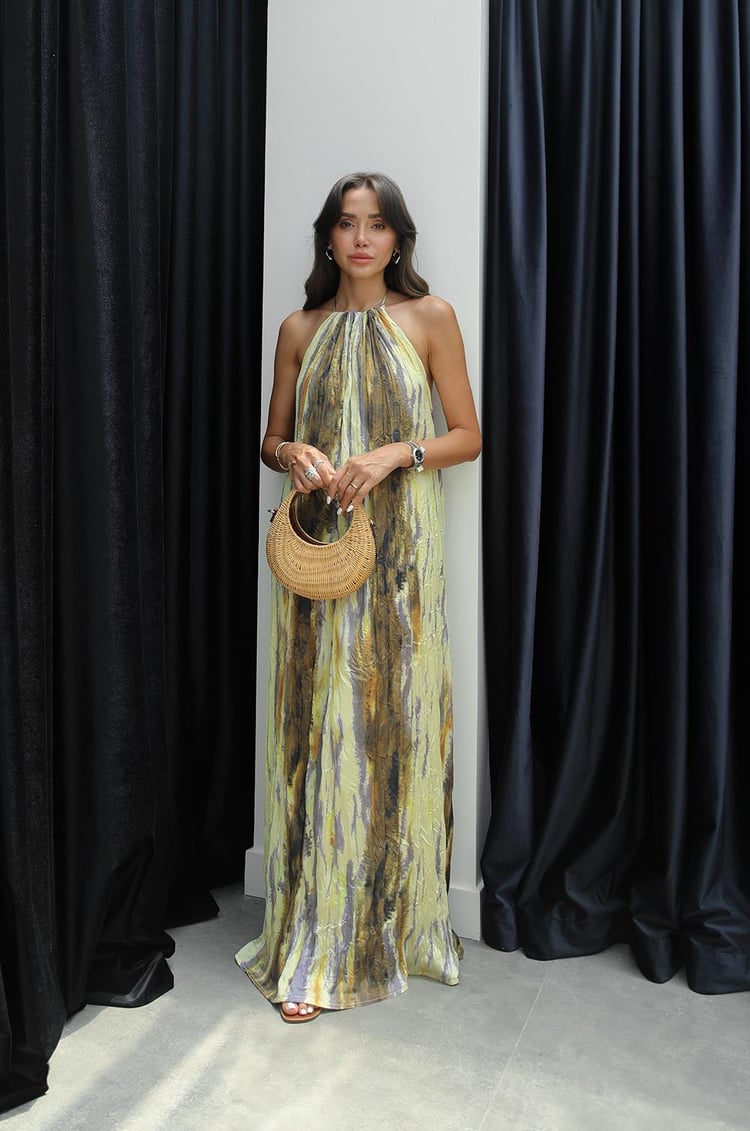 Sarı Sırt Dekolteli Desenli Elbise