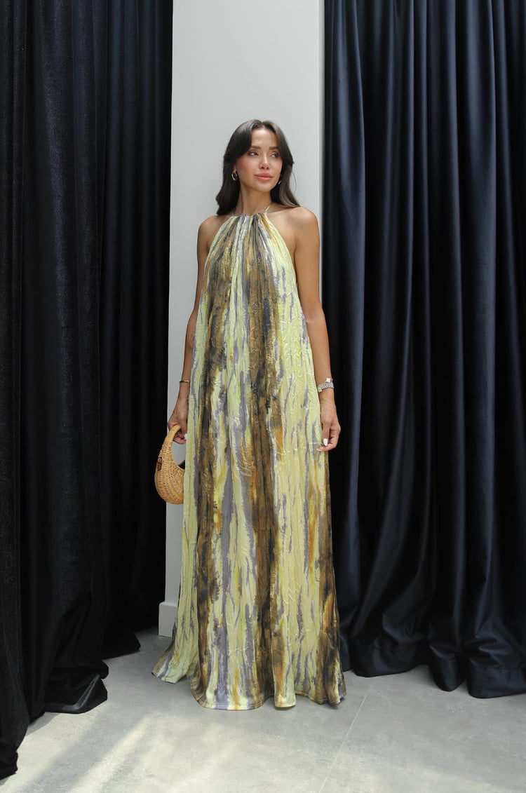 Sarı Sırt Dekolteli Desenli Elbise