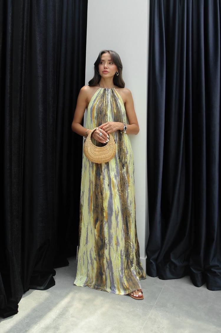 Sarı Sırt Dekolteli Desenli Elbise