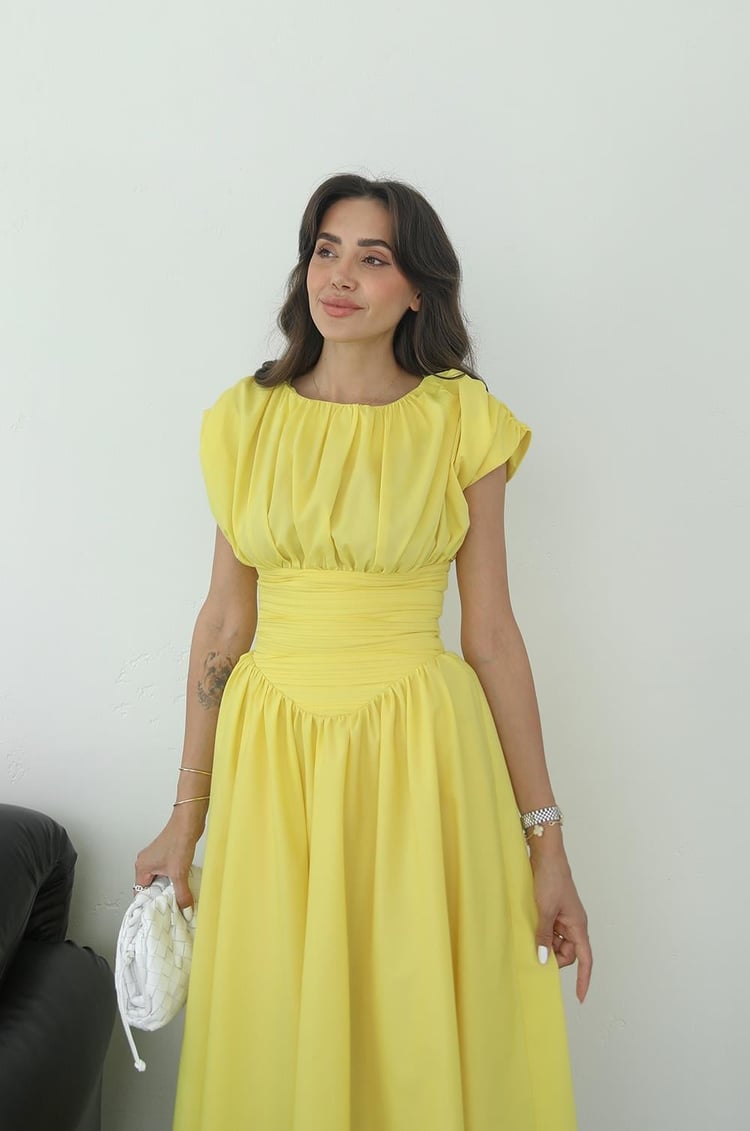 Sarı Vintage Esintili Drapeli Elbise