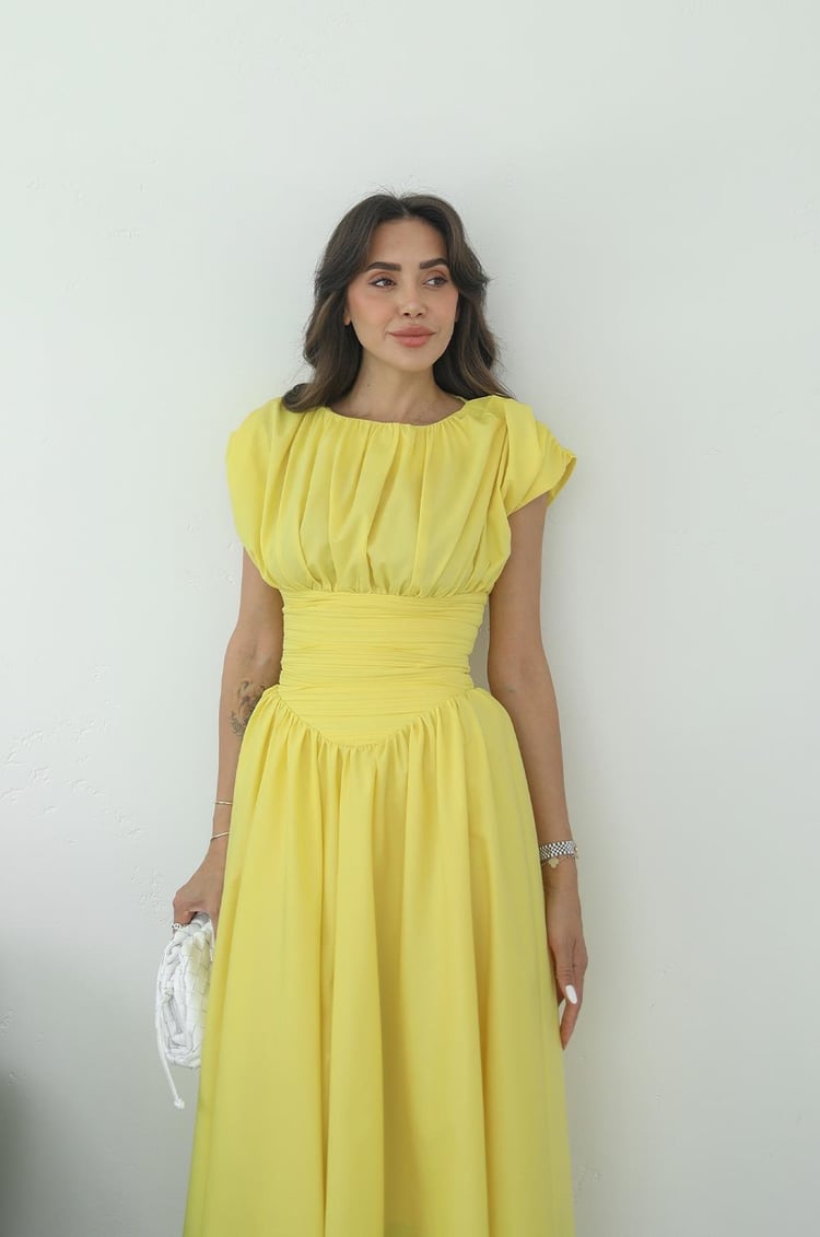 Sarı Vintage Esintili Drapeli Elbise