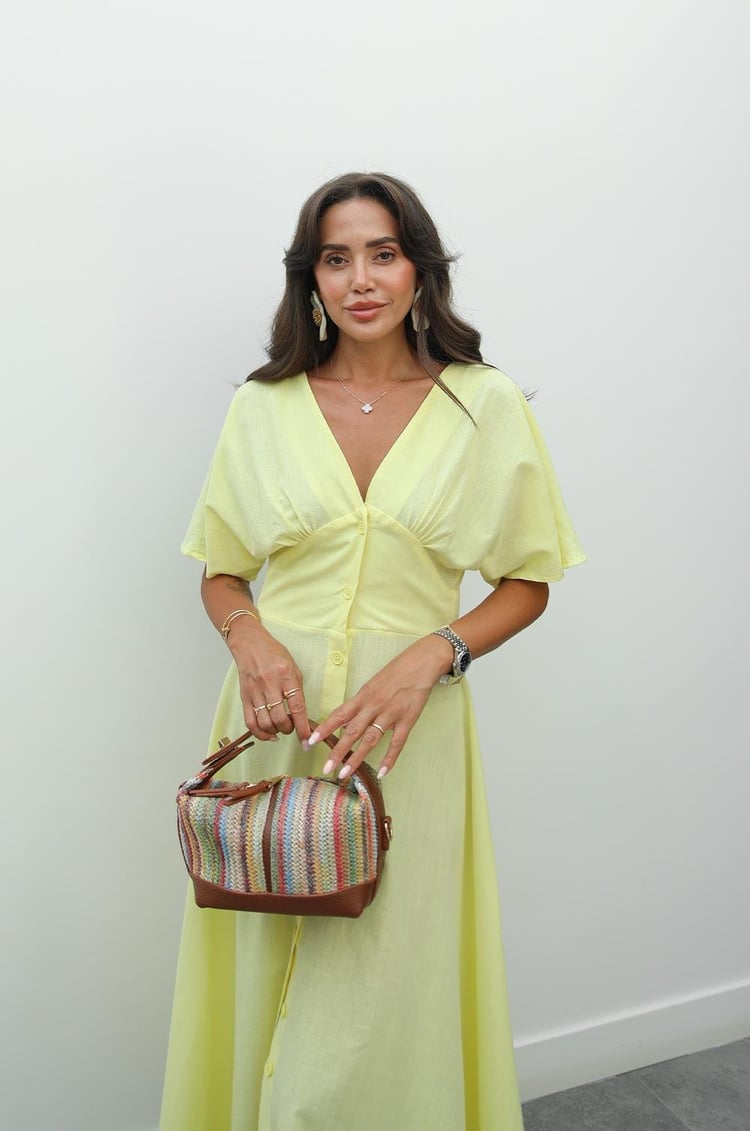 Sarı Wong V Yaka Keten Elbise