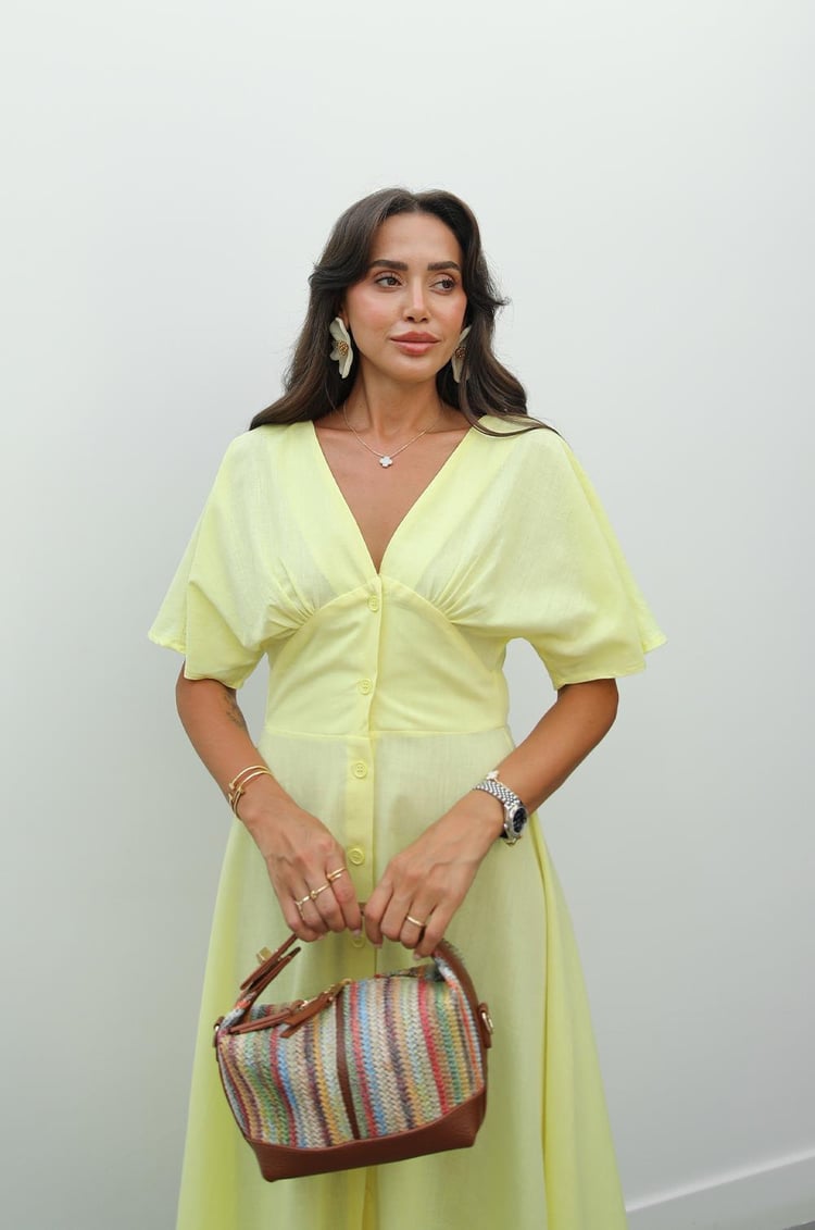 Sarı Wong V Yaka Keten Elbise