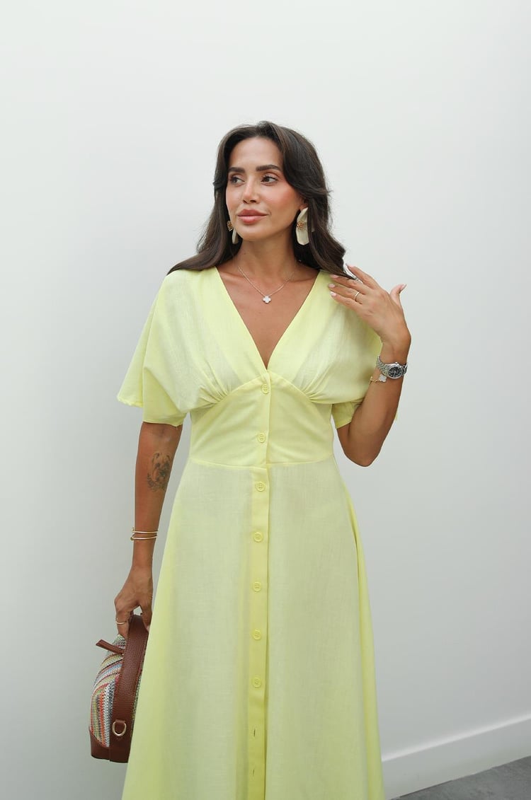 Sarı Wong V Yaka Keten Elbise