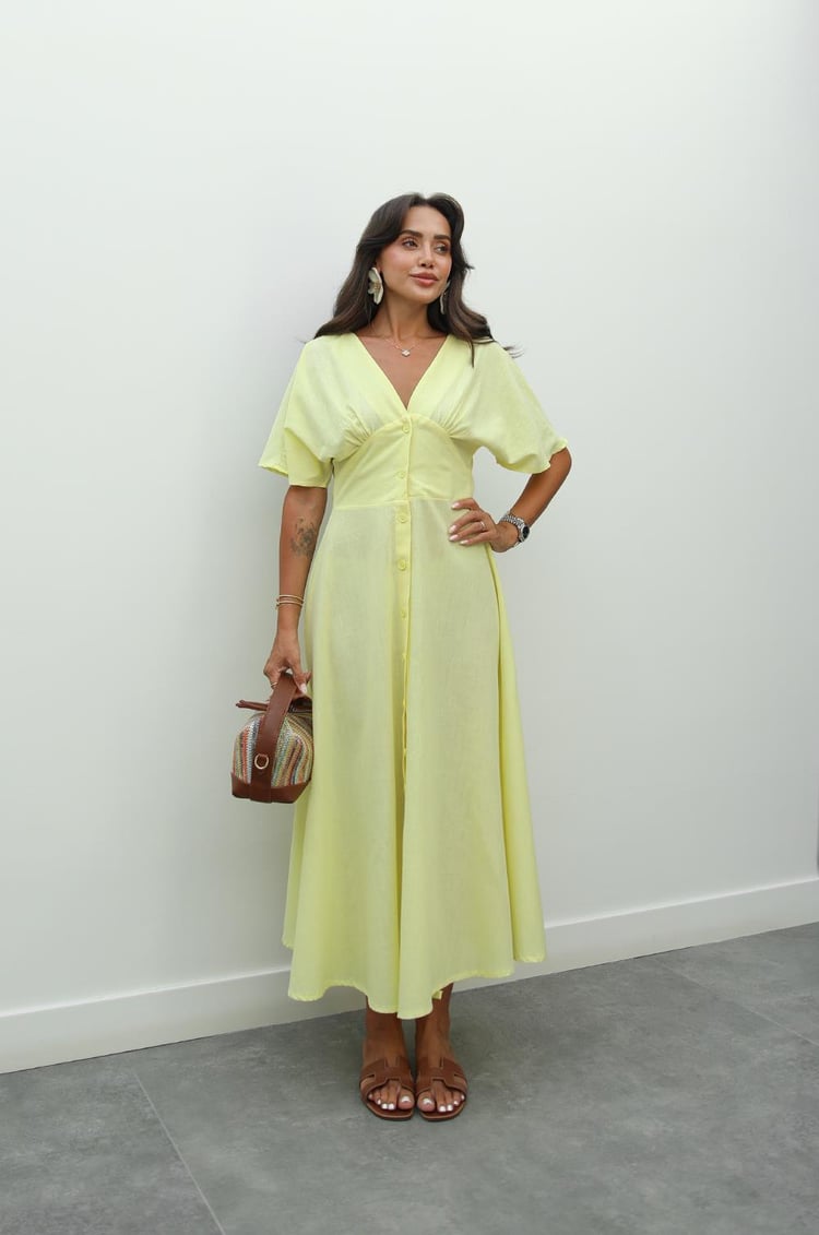 Sarı Wong V Yaka Keten Elbise