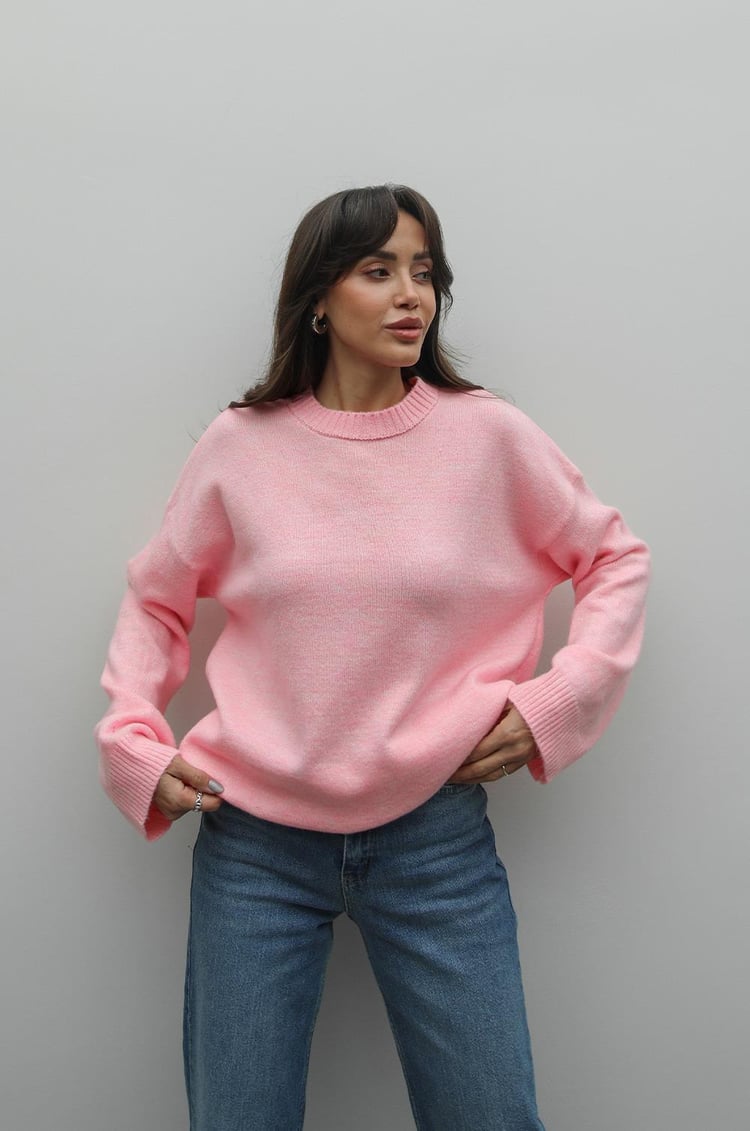 Şeker Pembe Mary Bisiklet Yaka Oversize Triko Kazak