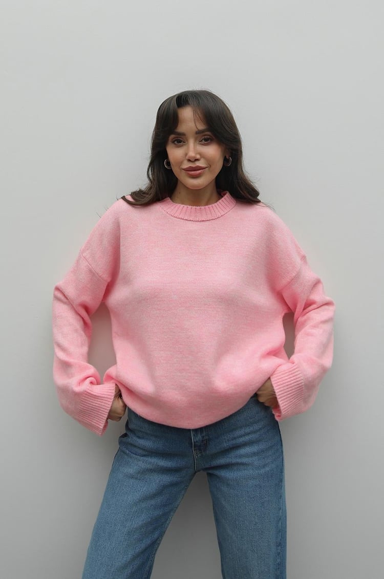 Şeker Pembe Mary Bisiklet Yaka Oversize Triko Kazak