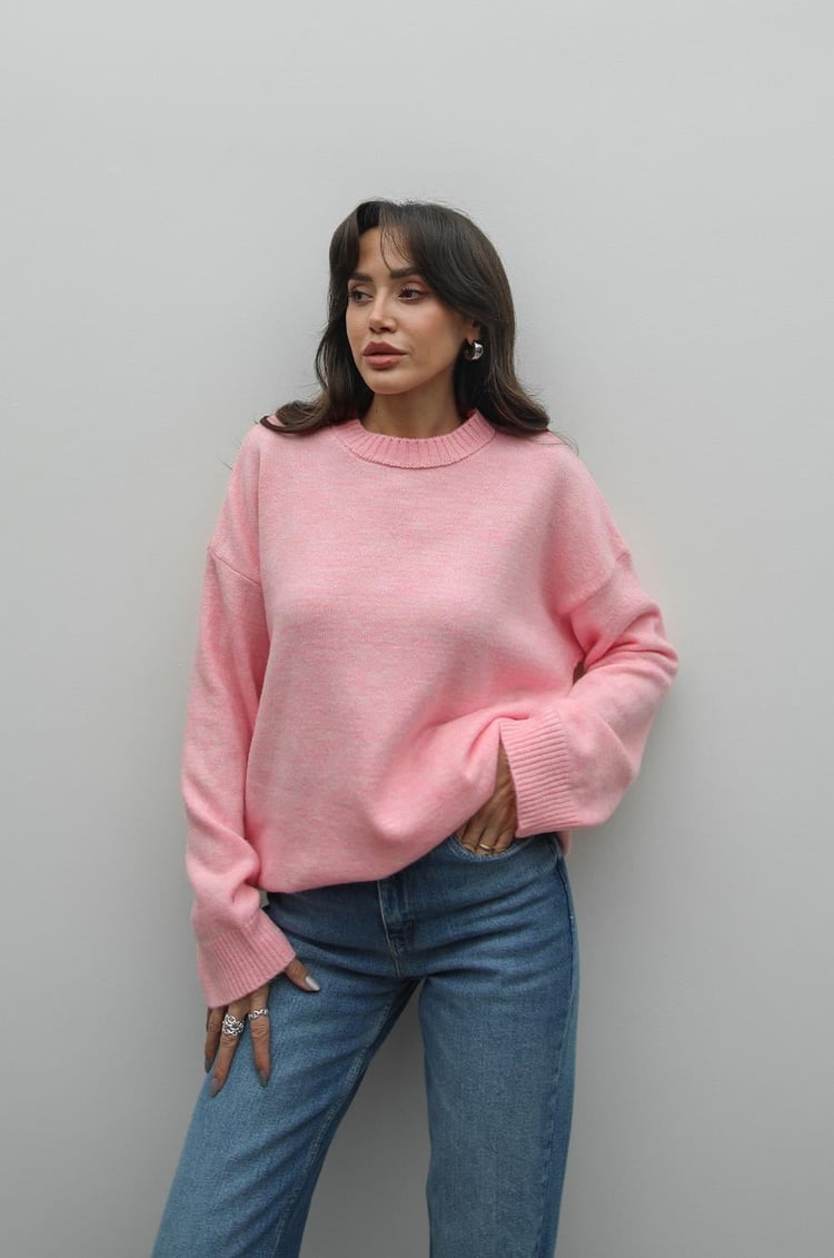 Şeker Pembe Mary Bisiklet Yaka Oversize Triko Kazak