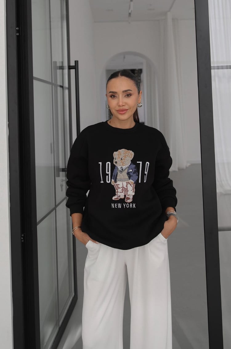 Siyah 1979 Teddy Baskılı Sweatshirt