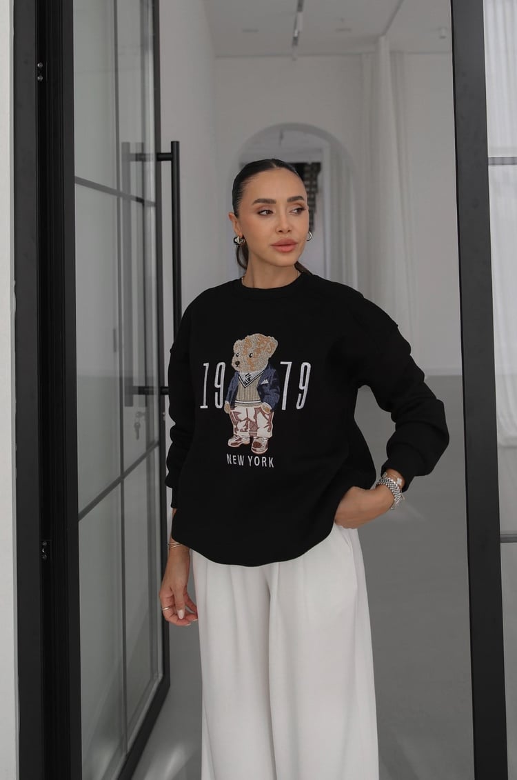 Siyah 1979 Teddy Baskılı Sweatshirt
