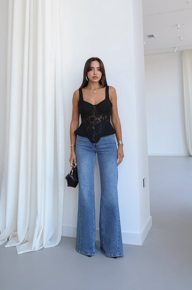 Siyah Balenli Dantel Korse Bluz