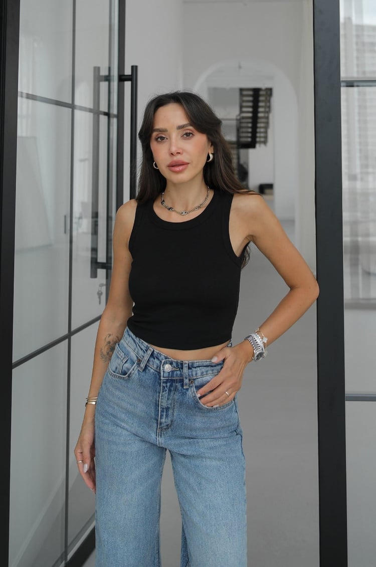 Siyah Basic Fitilli Crop