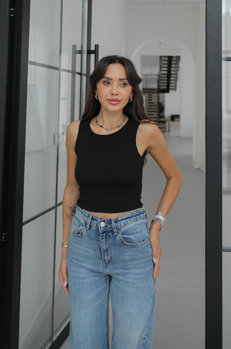 Siyah Basic Fitilli Crop