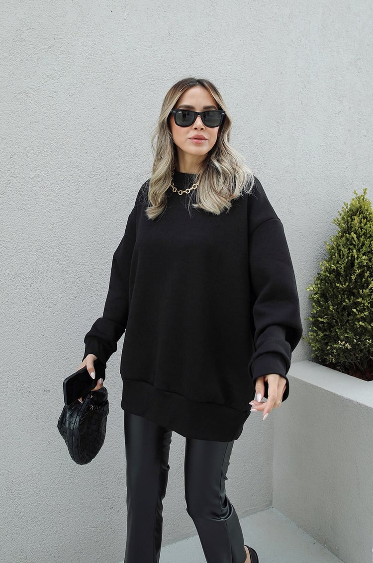 Siyah Bisiklet Yaka Basic Sweatshirt