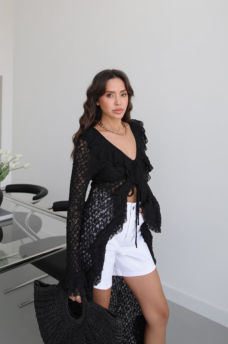 Siyah Fırfırlı Dantel Kimono